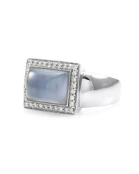 Blue Chalcedony and Pave Diamond Ring in Gold