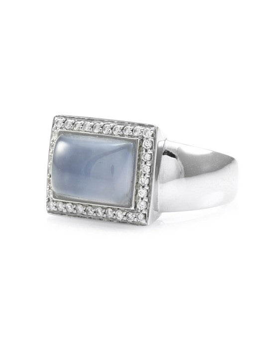 Blue Chalcedony and Pave Diamond Ring in Gold