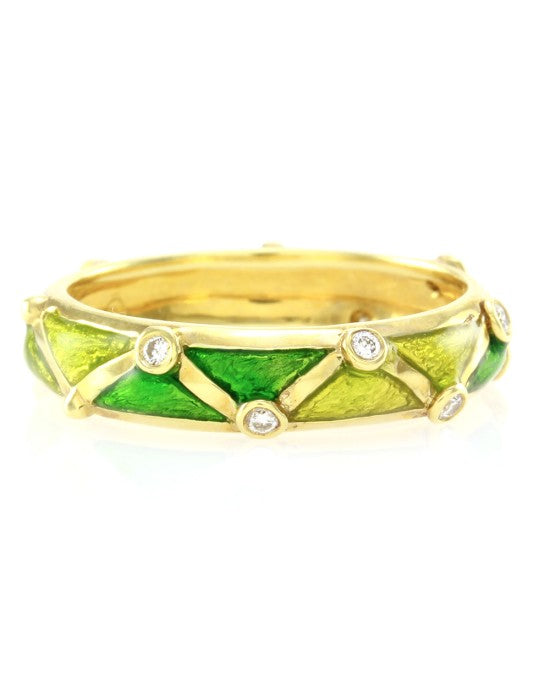 Hidalgo Green Enamel Band w/ 0.06ctw Diamond Station in 18K Yellow Gold SZ 6.25