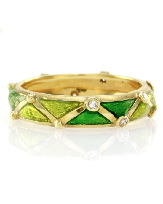 Hidalgo Green Enamel Band w/ 0.06ctw Diamond Station in 18K Yellow Gold SZ 6.25
