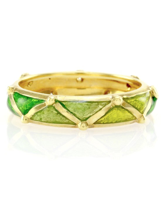 Hidalgo Green Enamel Band w/ 0.06ctw Diamond Station in 18K Yellow Gold SZ 6.25