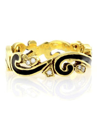 Hidalgo Black Enamel & 0.09ctw Diamond Scroll Band in 18K Yellow Gold SZ 6.5
