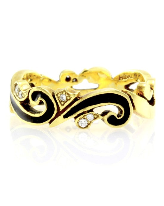 Hidalgo Black Enamel & 0.09ctw Diamond Scroll Band in 18K Yellow Gold SZ 6.5