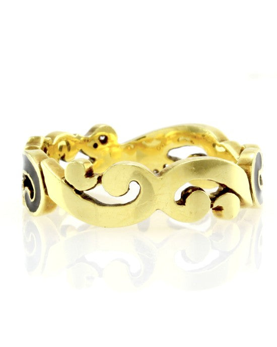 Hidalgo Black Enamel & 0.09ctw Diamond Scroll Band in 18K Yellow Gold SZ 6.5