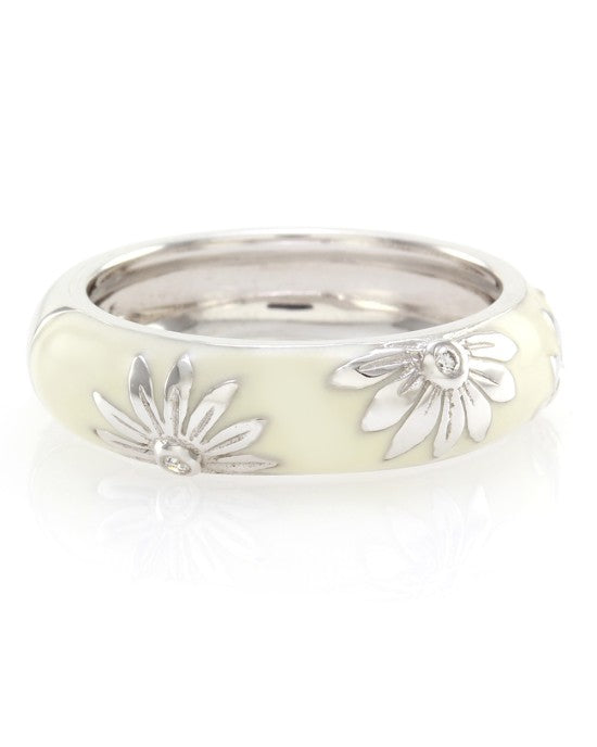 Hidalgo White Enamel Flower Band w/ 0.06ctw Diamonds in 18K White Gold SZ 6.25