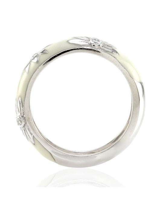 Hidalgo White Enamel Flower Band w/ 0.06ctw Diamonds in 18K White Gold SZ 6.25