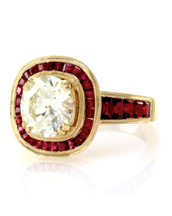 2.25ct Old European Cut Diamond Engagement Ring w/ Rubies in 18K Yellow Gold