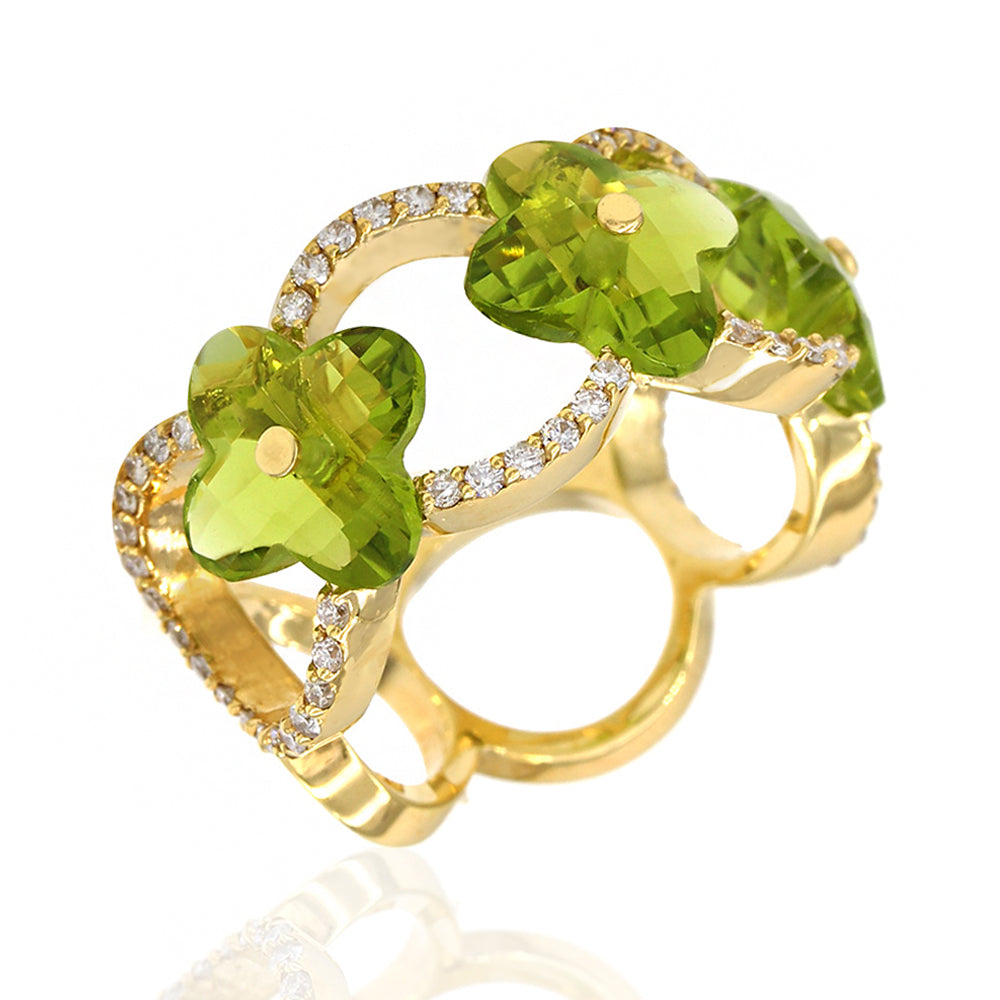 Norman Covan 3.84ctw Peridot Flower & 0.46ctw Diamond Ring in 18K Yellow Gold