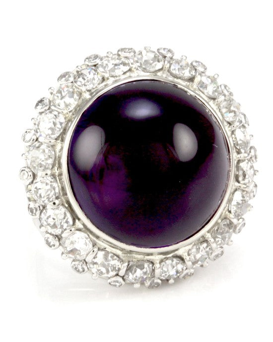 Amethyst Cabochon Diamond Halo Ring in White Gold
