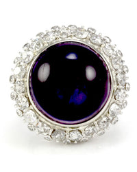 Amethyst Cabochon Diamond Halo Ring in White Gold
