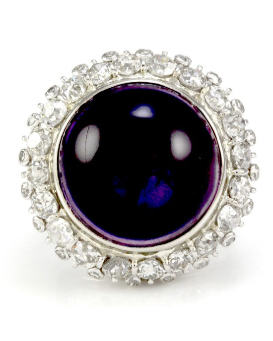 Amethyst Cabochon Diamond Halo Ring in White Gold
