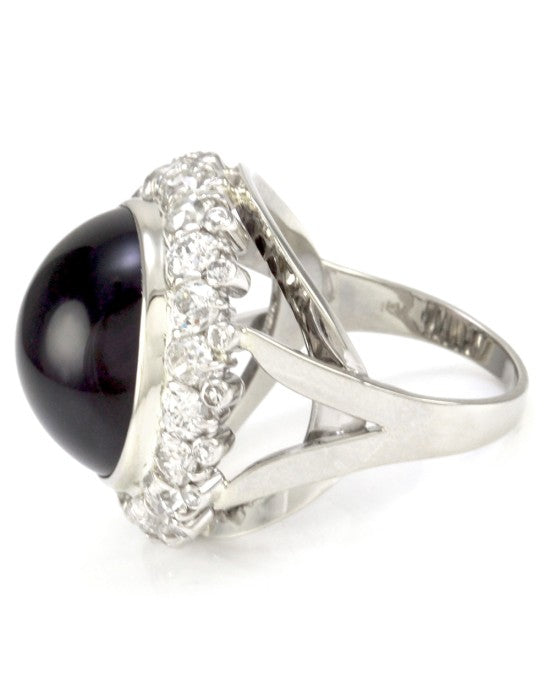 Amethyst Cabochon Diamond Halo Ring in White Gold