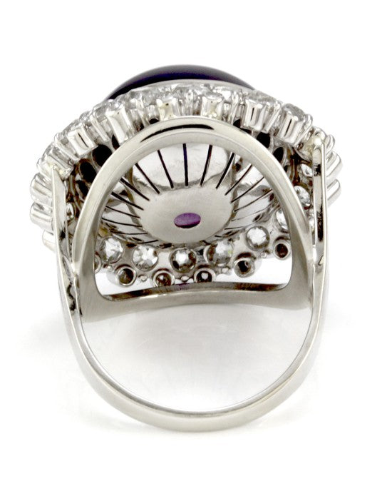 Amethyst Cabochon Diamond Halo Ring in White Gold