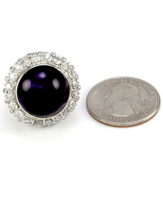 Amethyst Cabochon Diamond Halo Ring in White Gold