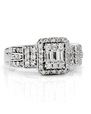 Baguette and Round Diamond Halo Ring with Milgrain Accent
