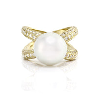 White South Sea Pearl Ring w/ Pave Diamonds in 18K Yellow Gold