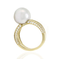 White South Sea Pearl Ring w/ Pave Diamonds in 18K Yellow Gold