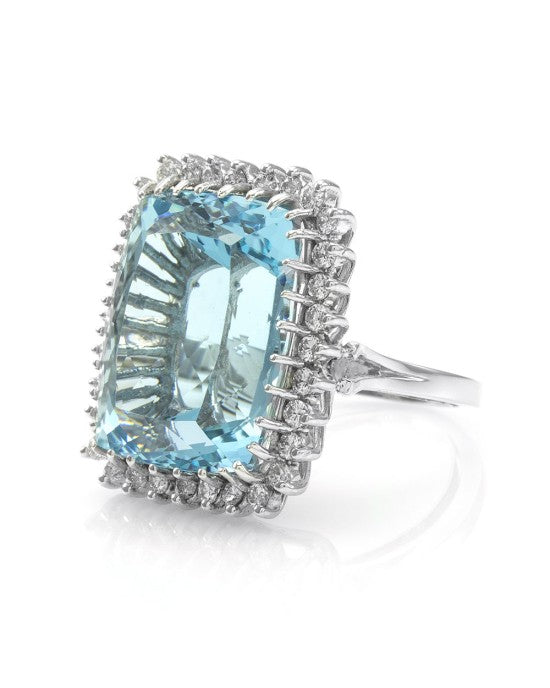 Vintage 25.60ct Aquamarine and 1.44ctw Diamond Halo Ring in 14K White Gold