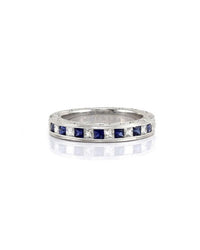 Blue Sapphire and Princess Diamond Engraved Gold Band