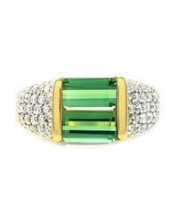 Green Tourmaline and Pave Diamond Ring in Yellow Gold