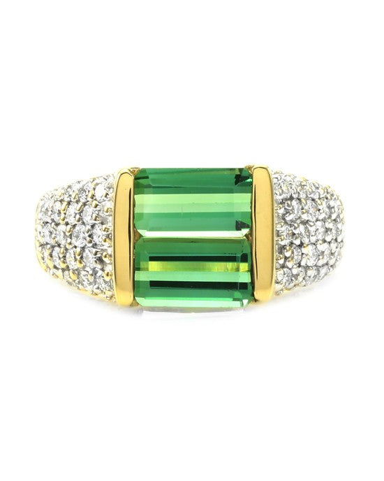 Green Tourmaline and Pave Diamond Ring in Yellow Gold