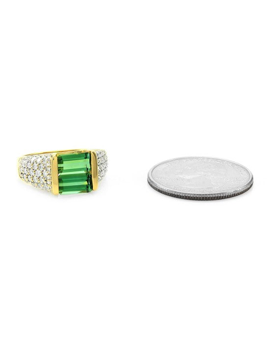 Green Tourmaline and Pave Diamond Ring in Yellow Gold