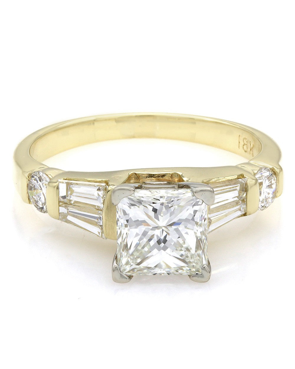 18ky Channel Set Round and Baguette Ring with 1.53ct Princess Center