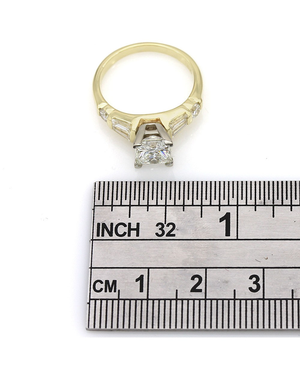 18ky Channel Set Round and Baguette Ring with 1.53ct Princess Center