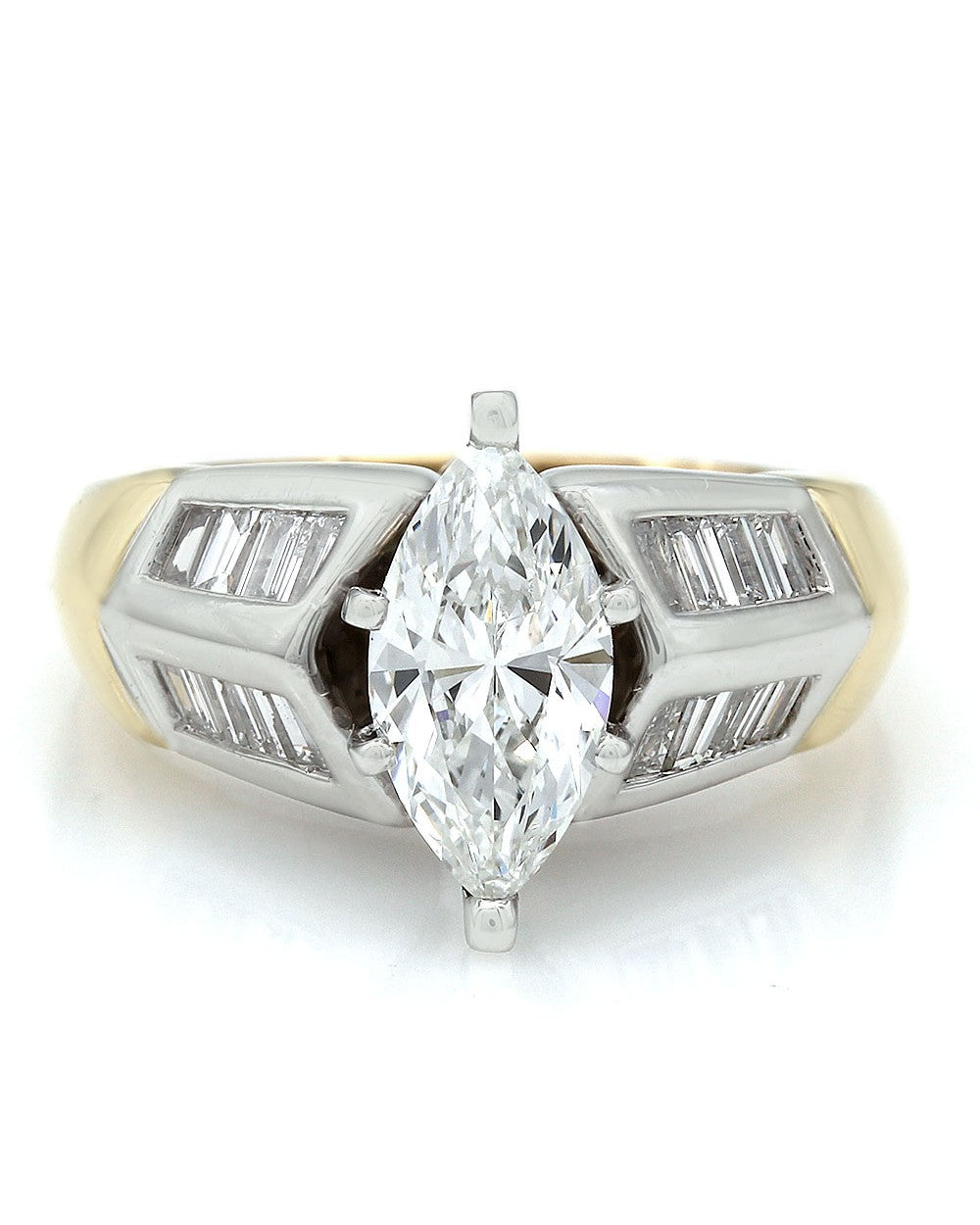 Channel Set Baguette Diamond Ring with 1.17ct Marquise Center Diamond in 18ktt