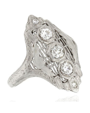 Vintage Vertical Three Stone European Cut Diamond Ring in 14kw