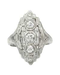 Vintage Vertical Three Stone European Cut Diamond Ring in 14kw