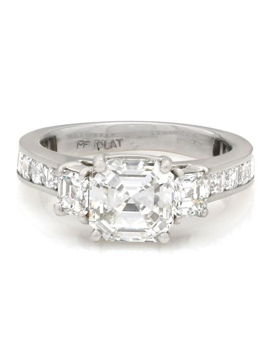 Square Emerald Diamond Three Stone Engagement Ring in Platinum