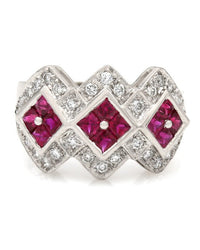 Round Diamond and Square Ruby Fashion Ring with Angular Design in 18k White Gold