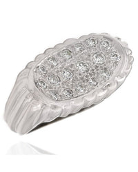 Horizontal Oval Pave Diamond Ring with Ribbed Design in 14k White Gold