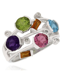 Multi-Color, Mutli-Gemstone & Diamond Ring in 14K White Gold
