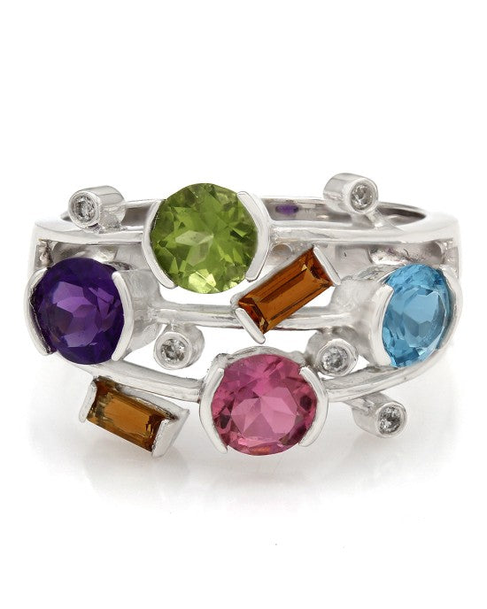 Multi-Color, Mutli-Gemstone & Diamond Ring in 14K White Gold