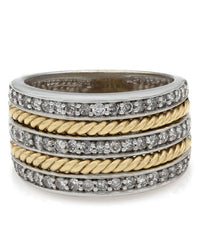 Three Row Diamond Ring with Rope Design in 14k White and Yellow Gold