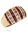 7 Row Alternating Ruby and Diamond Tapered Fashion Ring in Yellow Gold