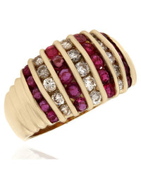7 Row Alternating Ruby and Diamond Tapered Fashion Ring in Yellow Gold