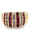 7 Row Alternating Ruby and Diamond Tapered Fashion Ring in Yellow Gold