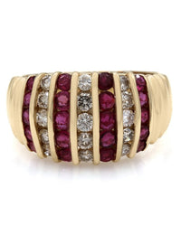 7 Row Alternating Ruby and Diamond Tapered Fashion Ring in Yellow Gold
