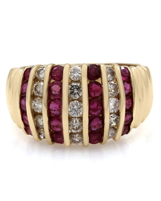 7 Row Alternating Ruby and Diamond Tapered Fashion Ring in Yellow Gold