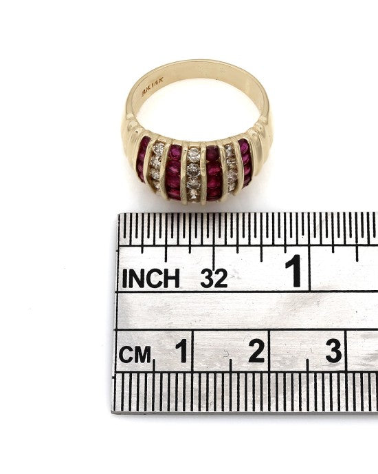 7 Row Alternating Ruby and Diamond Tapered Fashion Ring in Yellow Gold