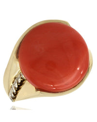 Coral Cabachon Ring with Rope Accent in Gold