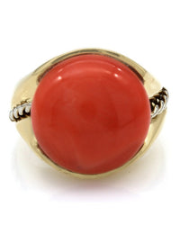 Coral Cabachon Ring with Rope Accent in Gold