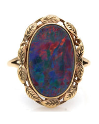 Oval Opal Leaf Halo Ring in Gold