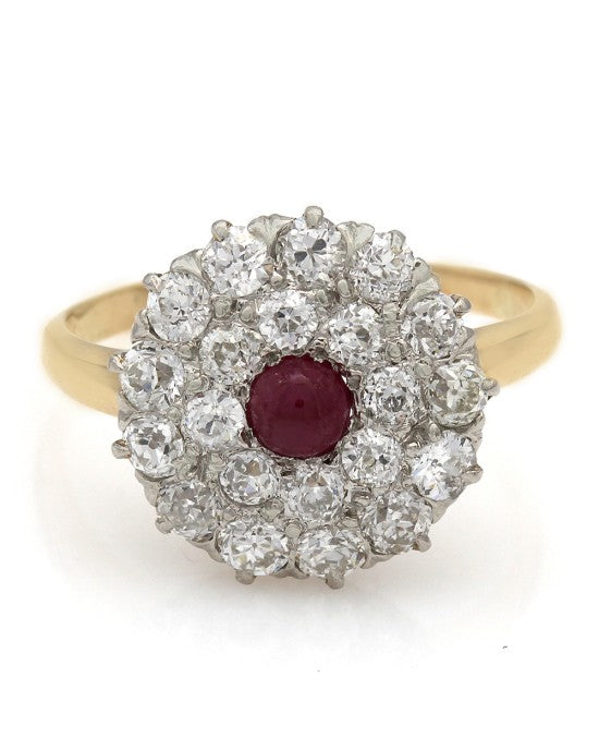 Diamond and Ruby Cluster Fashion Ring in 14k Two-Tone White and Yellow Gold