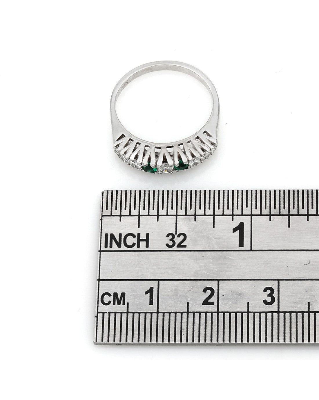 Prong Set Emerald and Diamond Band in 14k White Gold