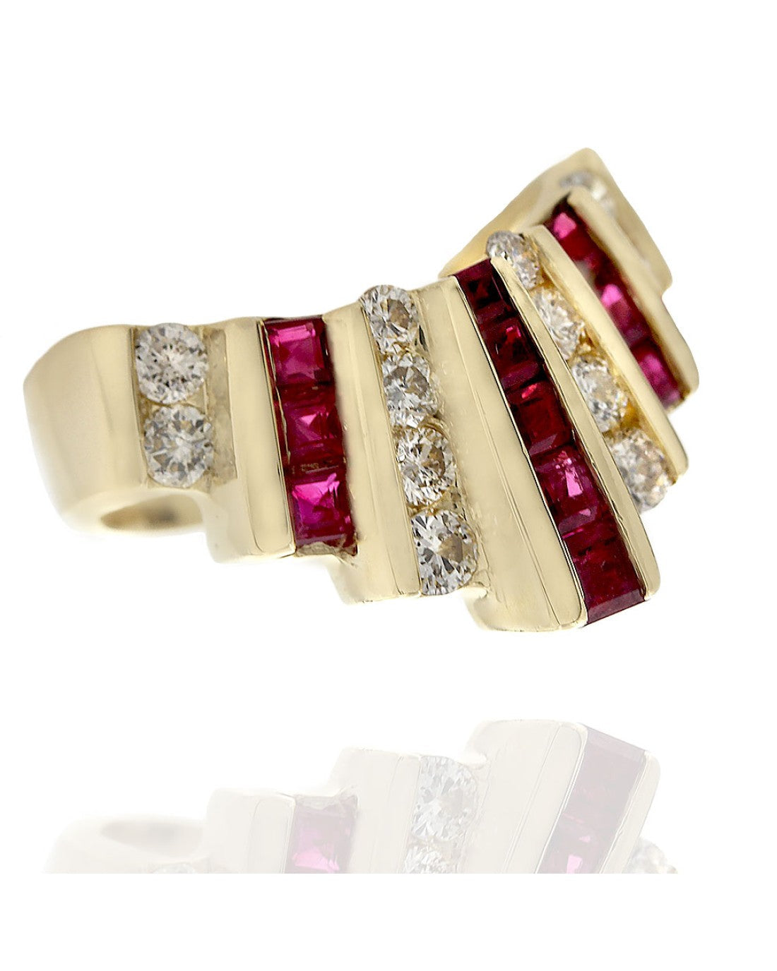 7 Row Alternating Diamond and Ruby Chevron Ring
