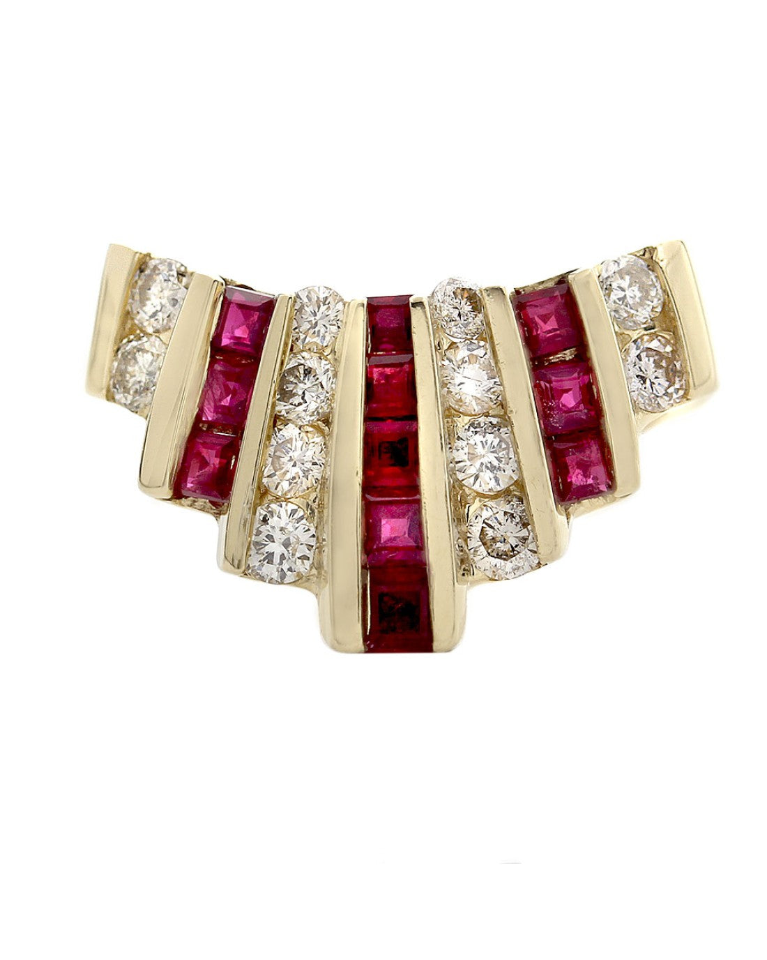 7 Row Alternating Diamond and Ruby Chevron Ring